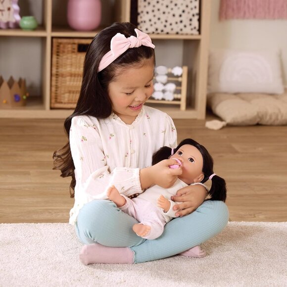 14 Inch Realistic Baby Doll with Dark Brown Hair Brown Eye Soft Body Pink Outfit - Picture 3 of 9